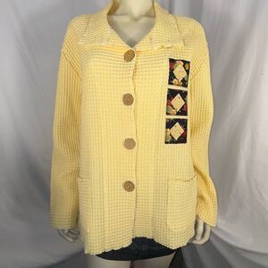 Focus Casual Lifestyle 100% Cotton Waffle Knit Cardigan L | Yellow Quilted Patch